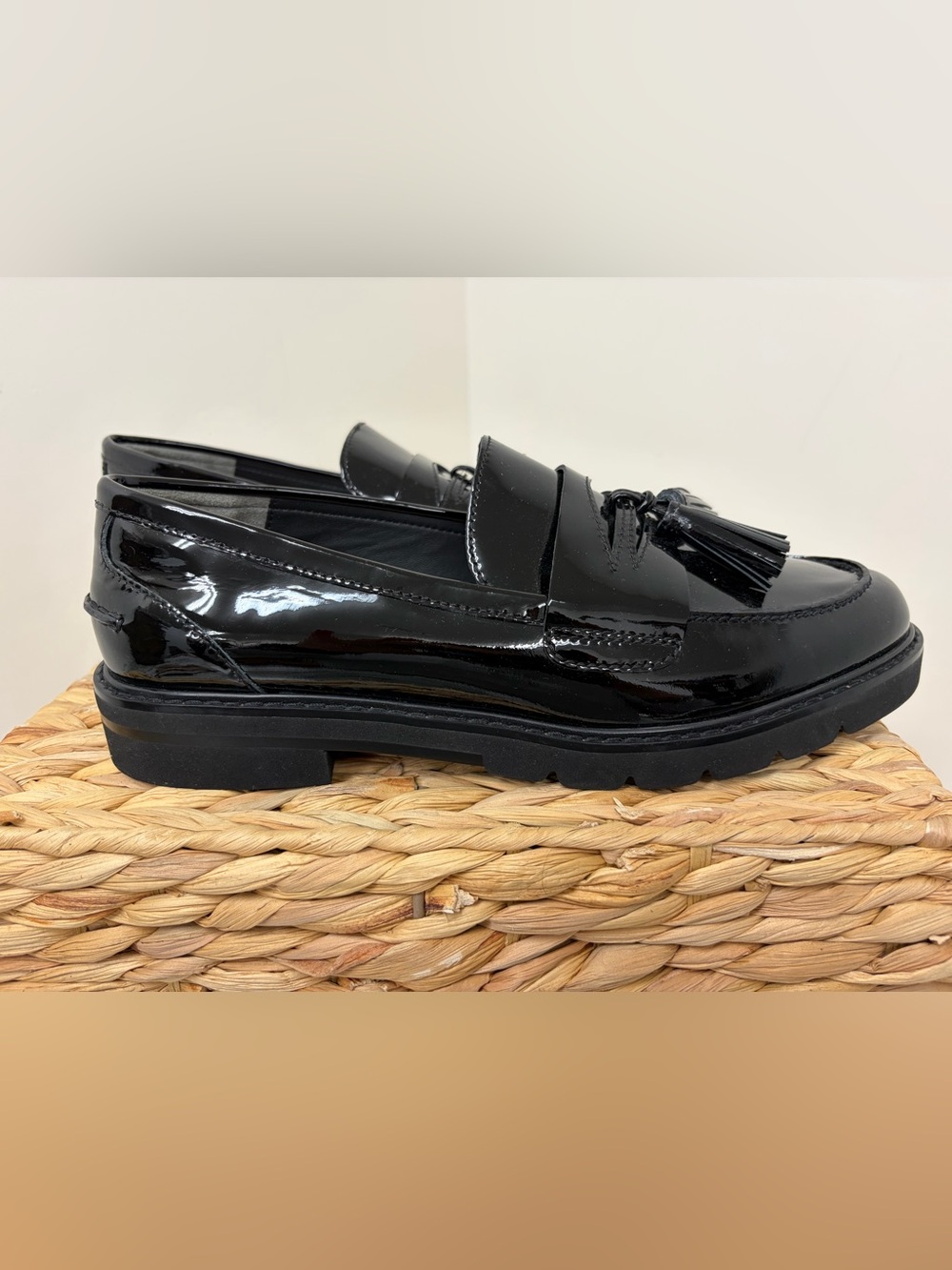 Stuart Weitzman Black Patent Tassel Loafers with Lug Sole